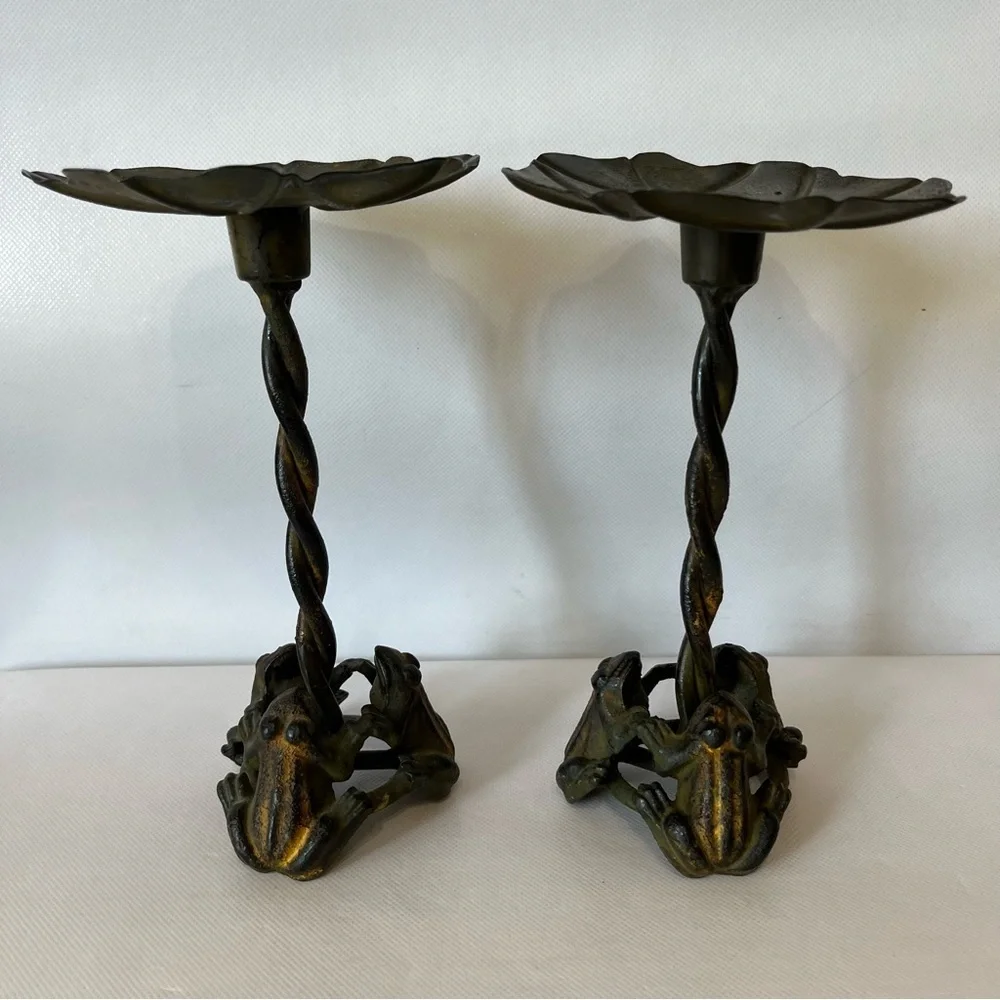 Frog Lilly Pad Metal Candlestick Holders Set of Two